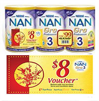 Receive a $8 Voucher with purchase of NAN GRO 3 800gm 3 tins promotional pack!